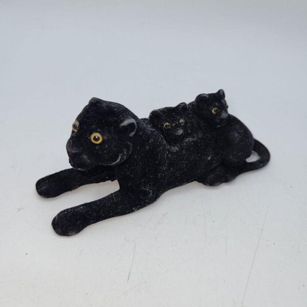Vintage Black Panther and 2 Babies Figurine Flocked Yellow Eyes Hong Kong